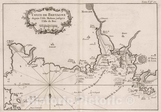 Historic Map : France, Bretagne , France 1764 Coste de Bretagne depuis I'isle Molfene jusqu'a I'isle de Bas. , Vintage Wall Art