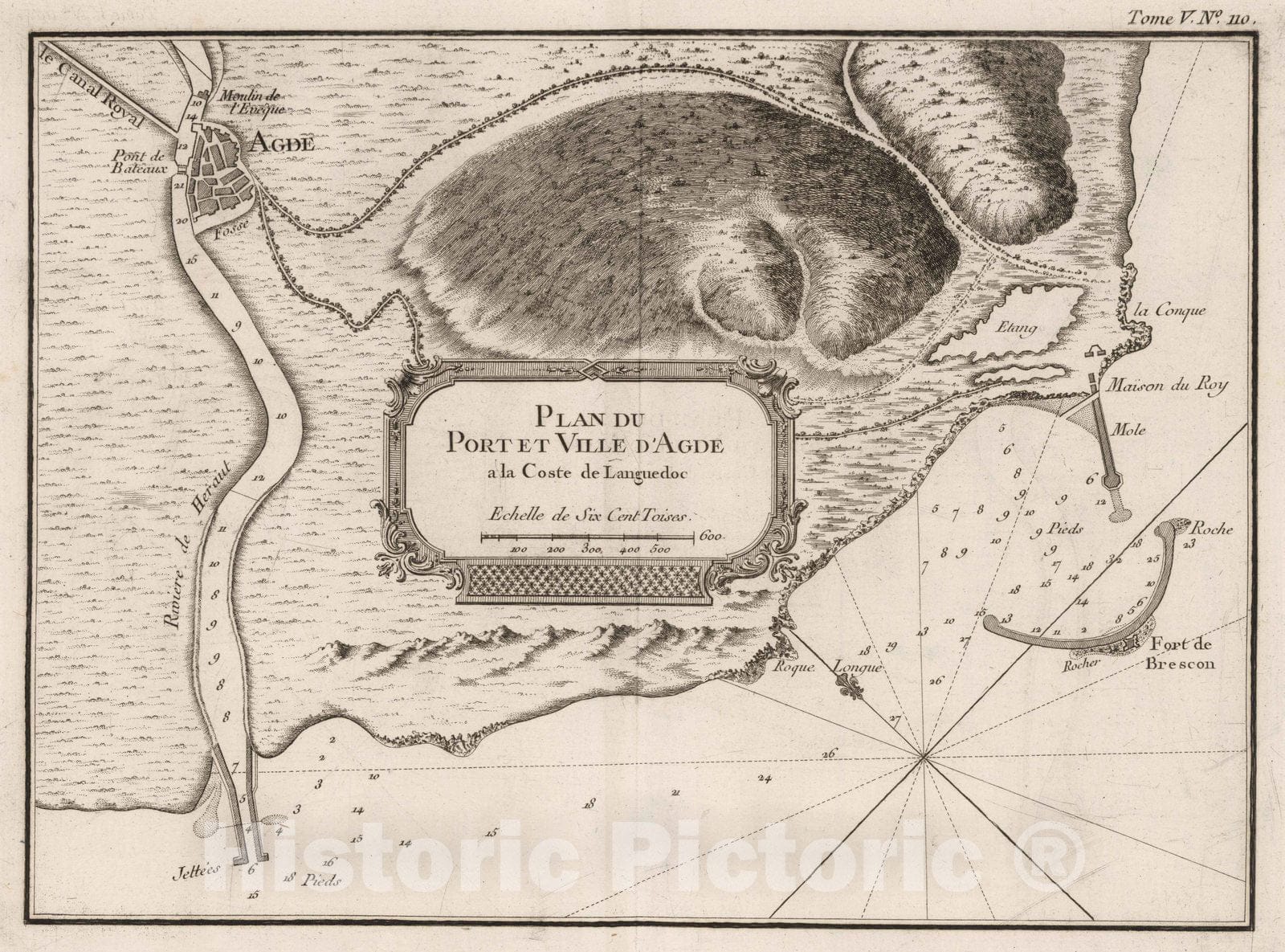 Historic Map : France , Agde France, Languedoc 1764 Plan du port et ville d'Agde a la coste de Languedoc. , Vintage Wall Art
