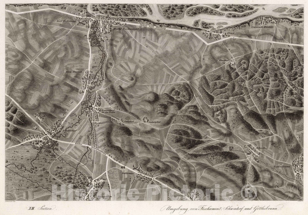 Historic Map : Austria, 1837 XII Section. Umgebung von Fischament, Schwadorf und Gottlesbrunn. Hollnsteiner del. F. Mehl sc. , Vintage Wall Art