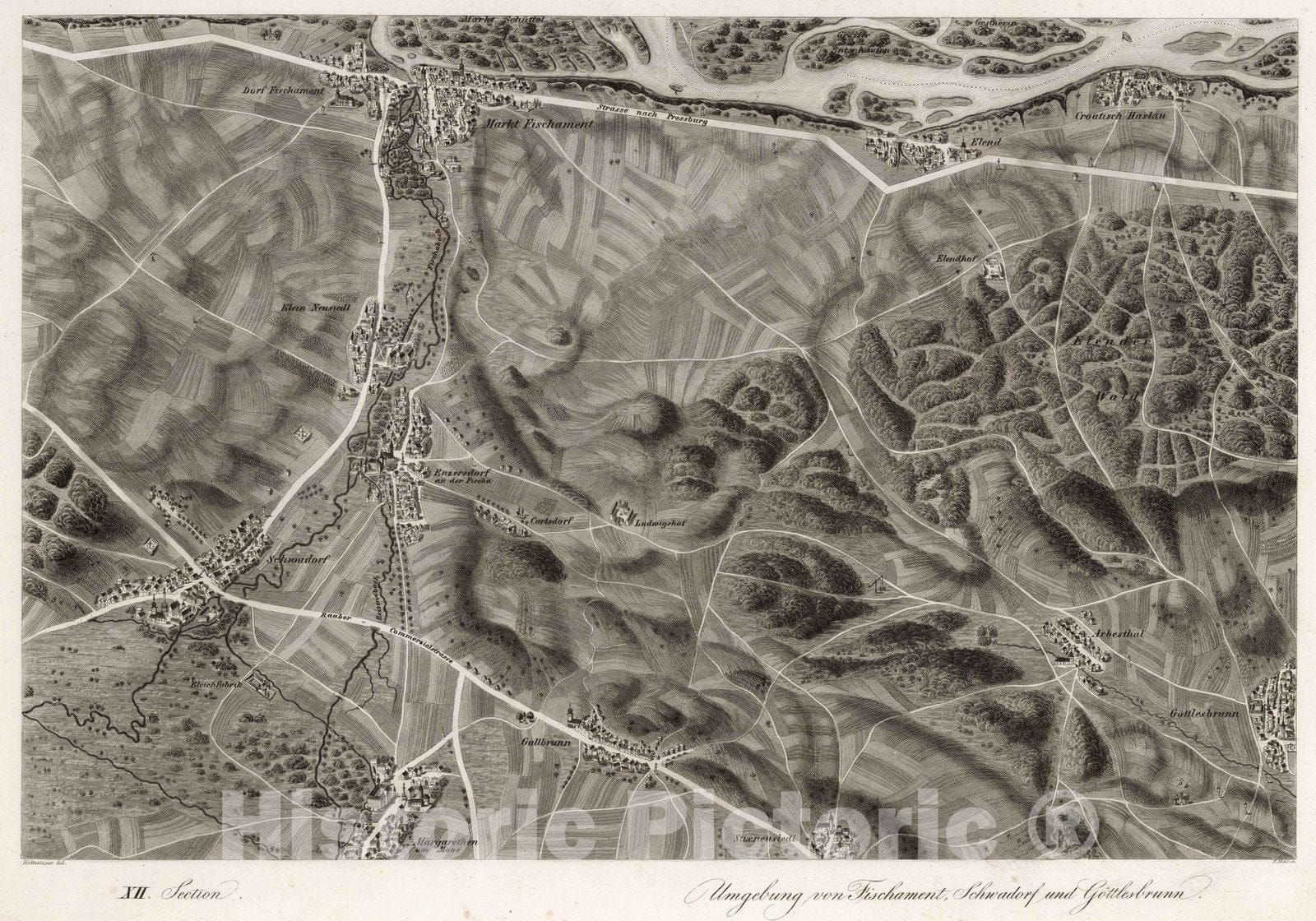 Historic Map : Austria, 1837 XII Section. Umgebung von Fischament, Schwadorf und Gottlesbrunn. Hollnsteiner del. F. Mehl sc. , Vintage Wall Art