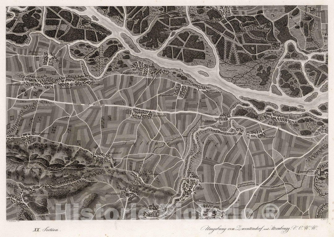 Historic Map : Austria, 1837 XX Section. Umgebung von Zwentendorf und Atzenbrugg. V.O.W.W. J. Hollnsteiner del. F. Mehl scl. , Vintage Wall Art