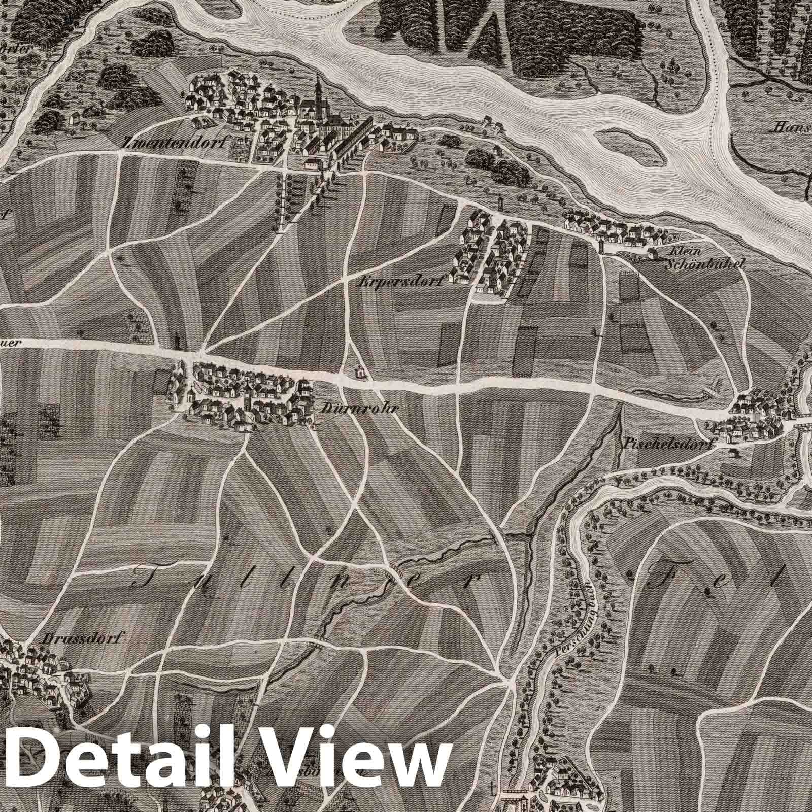 Historic Map : Austria, 1837 XX Section. Umgebung von Zwentendorf und Atzenbrugg. V.O.W.W. J. Hollnsteiner del. F. Mehl scl. , Vintage Wall Art