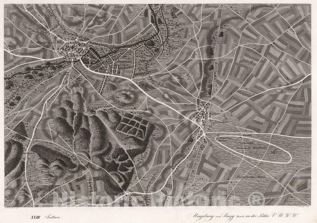 Historic Map : Austria, 1837 XXIII Section. Umgebung von Pruegg (Bruck) an der Leitha V.U.W.W. J. Hollnsteiner del. L. Neumayer sculp. , Vintage Wall Art