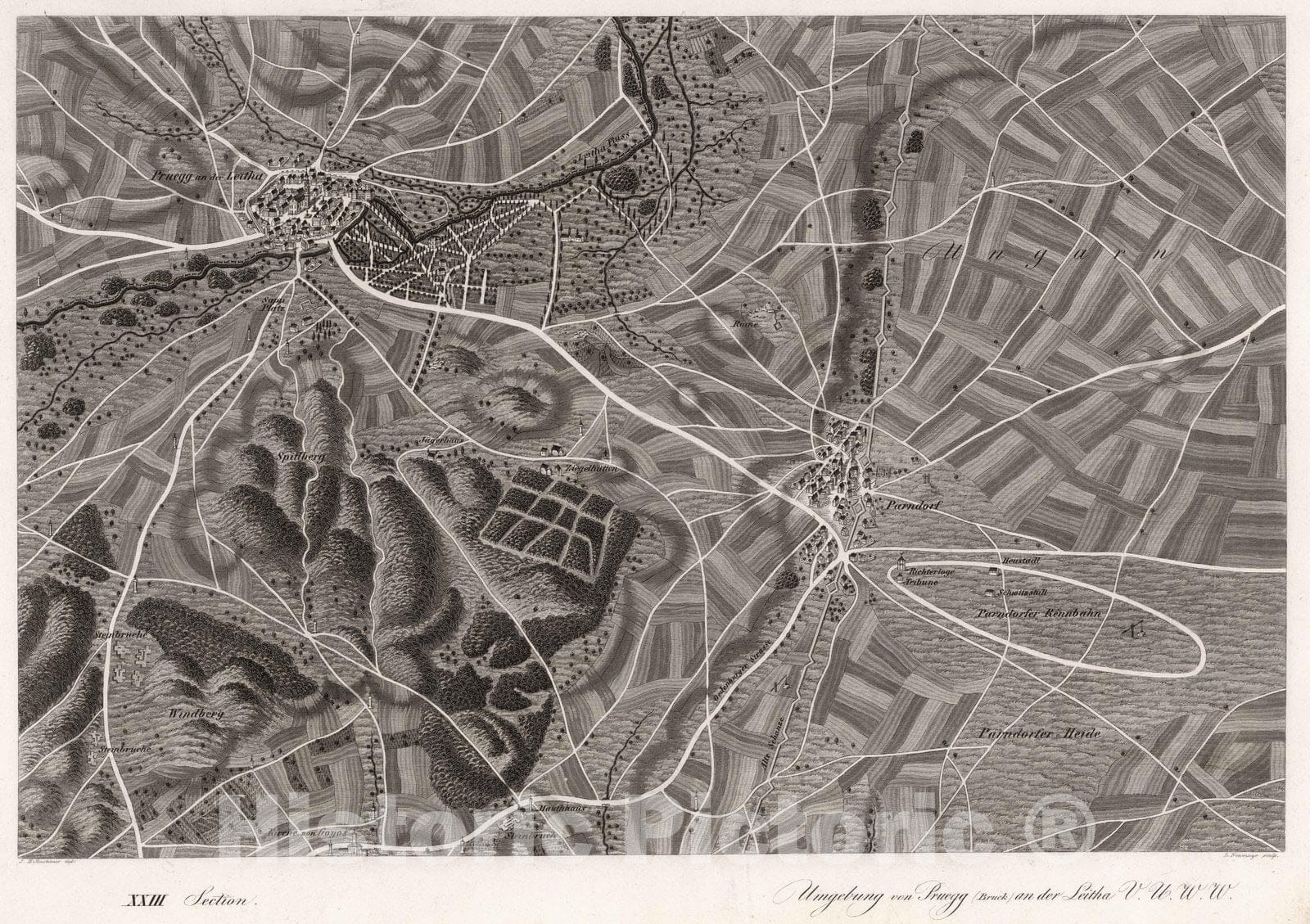 Historic Map : Austria, 1837 XXIII Section. Umgebung von Pruegg (Bruck) an der Leitha V.U.W.W. J. Hollnsteiner del. L. Neumayer sculp. , Vintage Wall Art