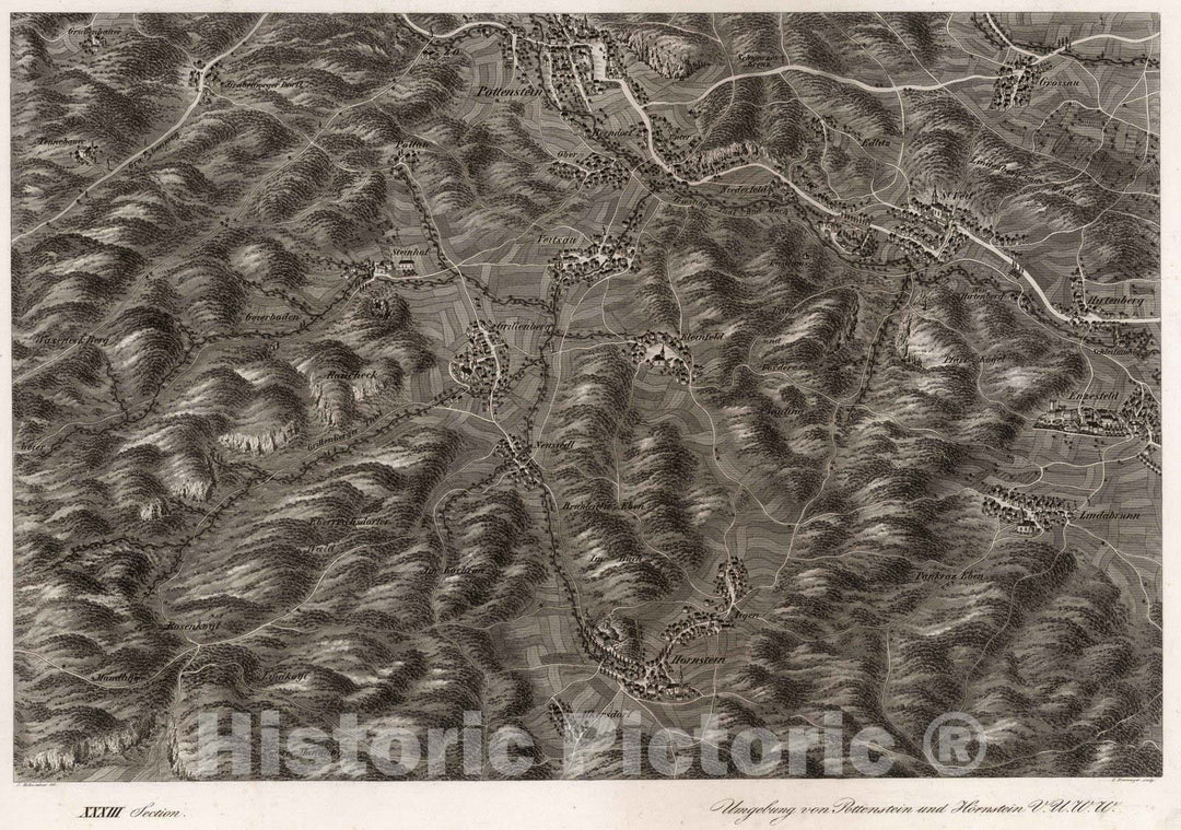 Historic Map : Austria, 1837 XXXIII Section. Umgebung von Pottenstein und Hornstein V.U.W.W. J. Hollnsteiner del. L. Neumayer sculp. , Vintage Wall Art