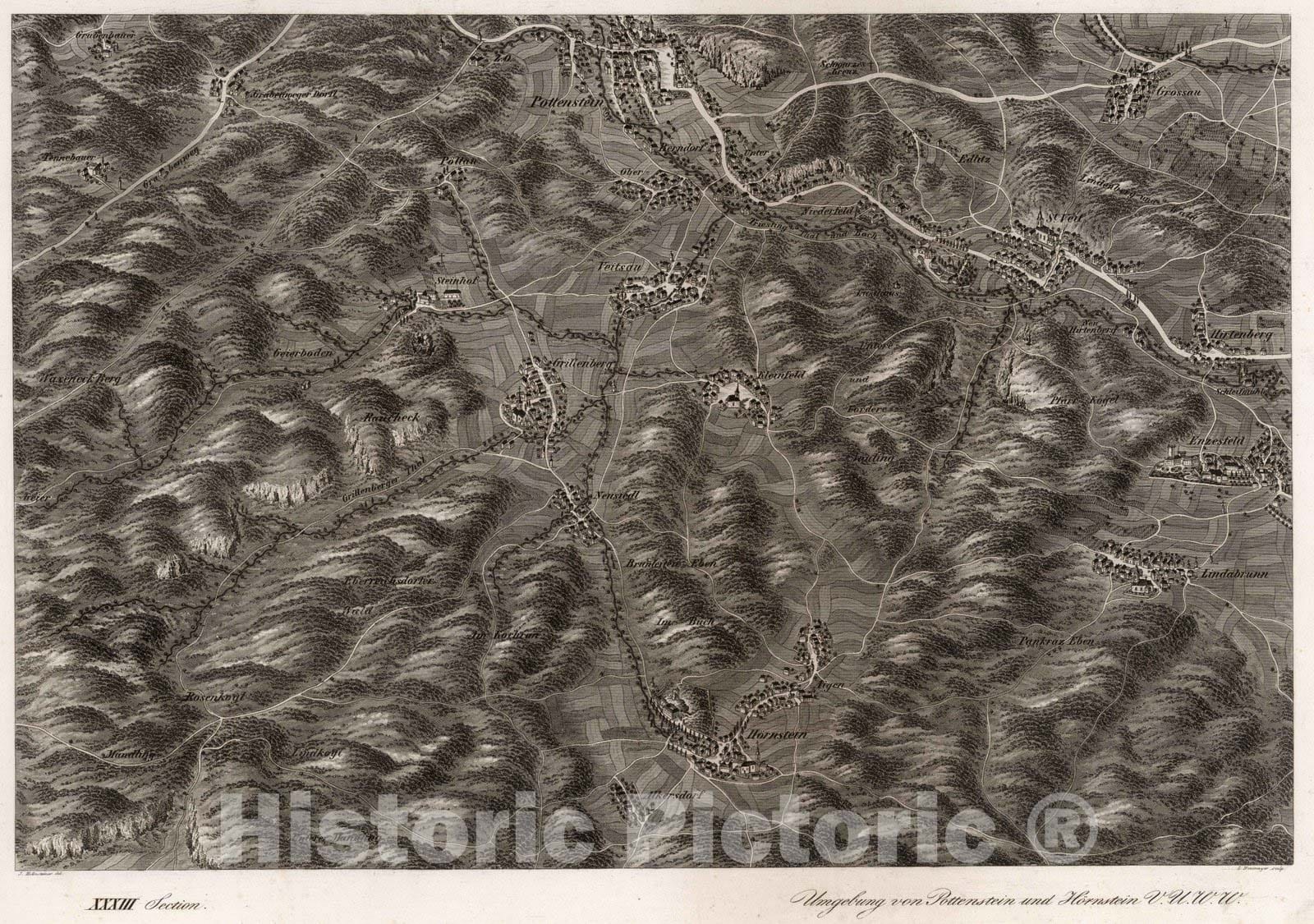 Historic Map : Austria, 1837 XXXIII Section. Umgebung von Pottenstein und Hornstein V.U.W.W. J. Hollnsteiner del. L. Neumayer sculp. , Vintage Wall Art
