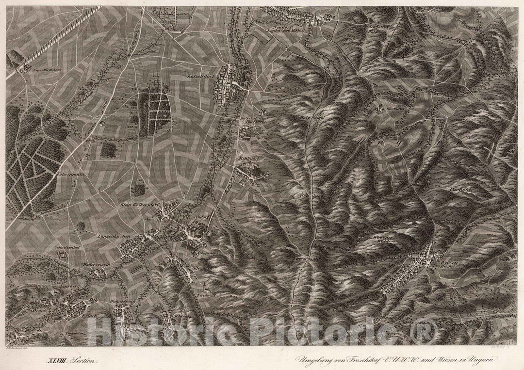 Historic Map : Austria, 1837 XLVIII Section. Umgebung von Froschder V.U.W.W. und Wiesen in Ungarn. J. Hollnsteiner del. Lor. Neumayer sc. , Vintage Wall Art