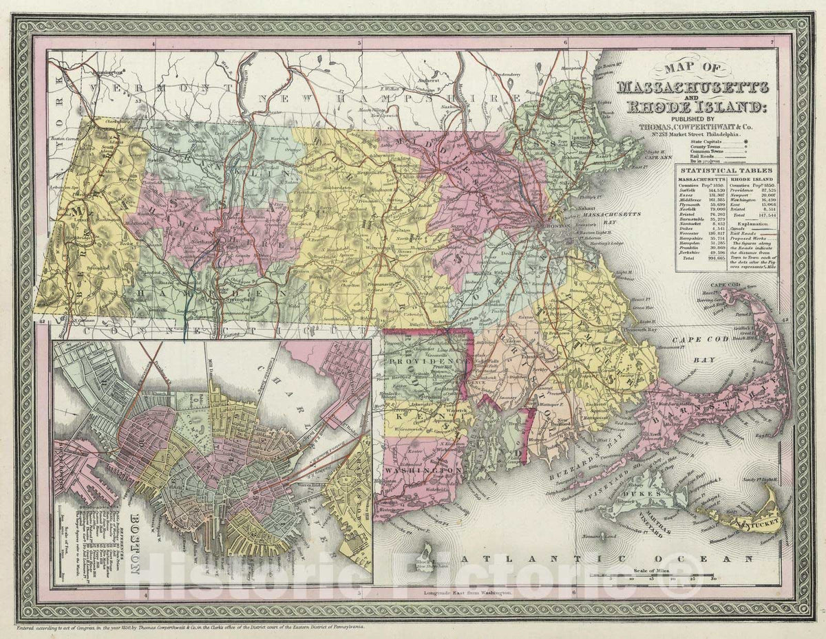 Historic Map : 1855 Map of Massachusetts and Rhode Island - Vintage Wall Art