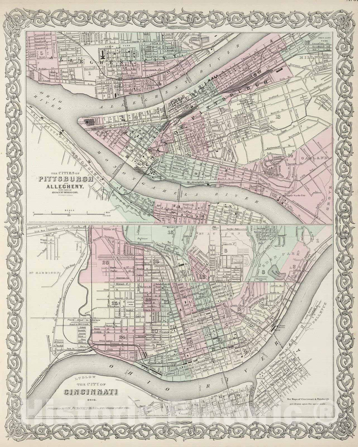 Historic Map : 1874 Pittsburgh, Pennsylvania. Cincinnati, Ohio. - Vintage Wall Art