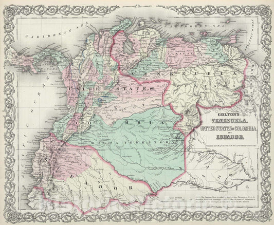 Historic Map : Venezuela; Colombia; Ecuador, 1874 Venezuela, Colombia, Ecuador. , Vintage Wall Art
