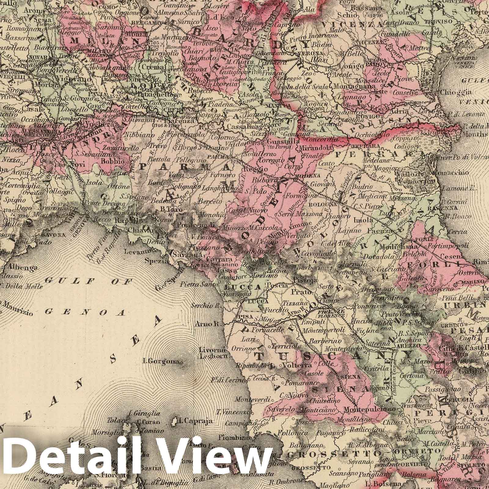Northern Italy - Venice, Piedmont, Tuscany, Umbria, 1866 - Colton Atlas Map Print