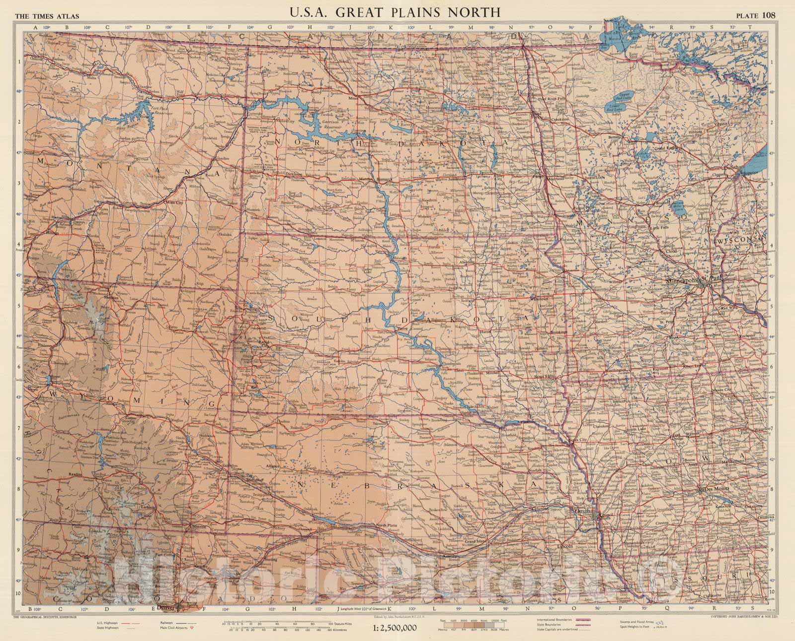 Historic Wall Map : 1957 U.S.A. Great Plains North, Plate 108, Vol. V - Vintage Wall Art