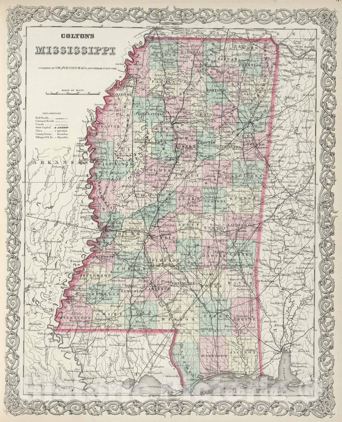Historic Map : 1874 Mississippi. v2 - Vintage Wall Art