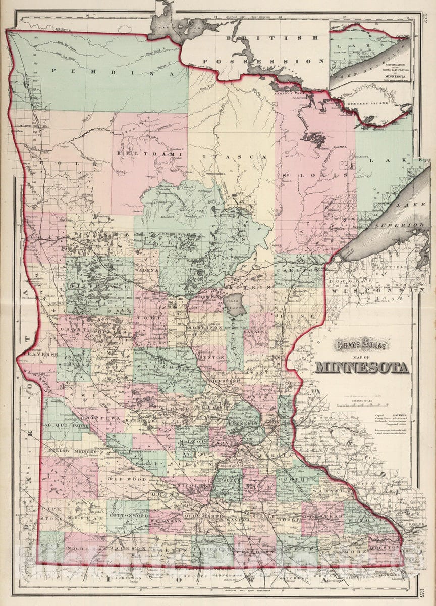Historic Map : 1874 Minnesota. v2 - Vintage Wall Art