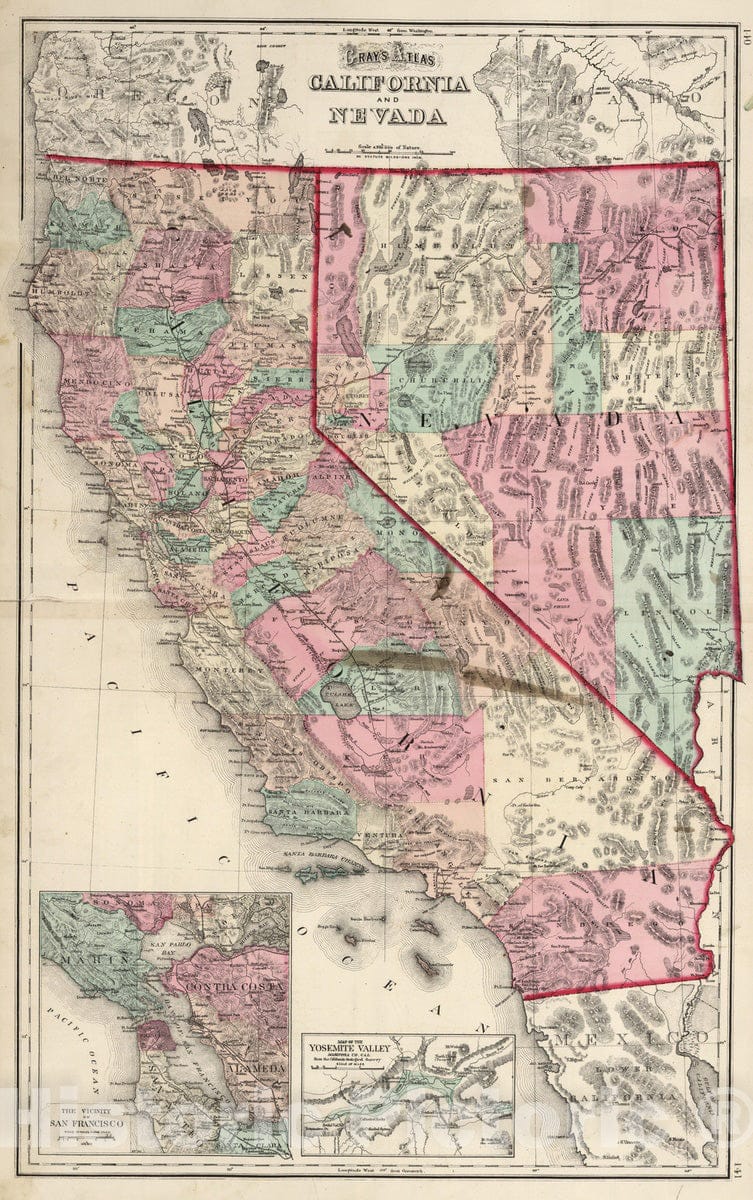 Historic Map : 1874 California and Nevada. - Vintage Wall Art
