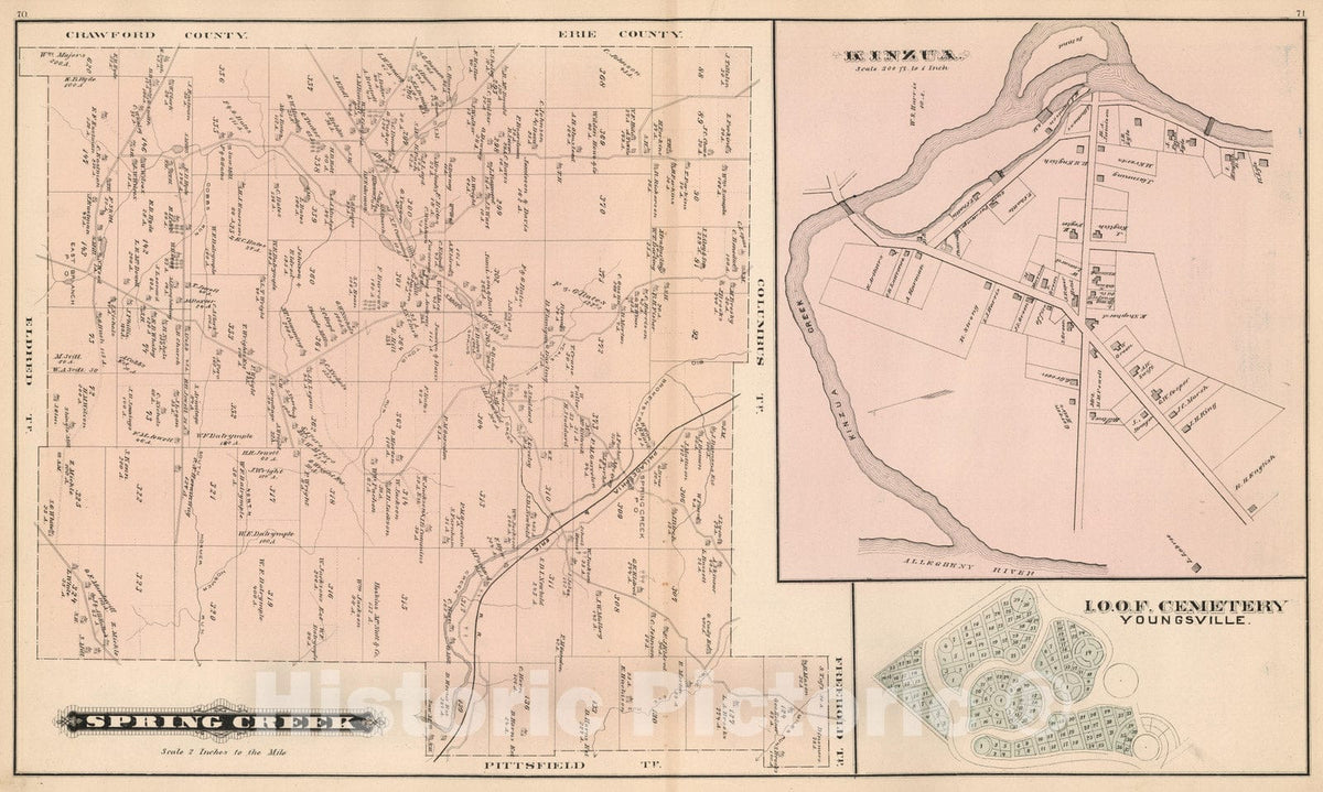 Historic Map : 1878 Spring Creek, Warren County, Pennsylvania. Kinzua. I.O.O.F. Cemetery, Youngsville. - Vintage Wall Art