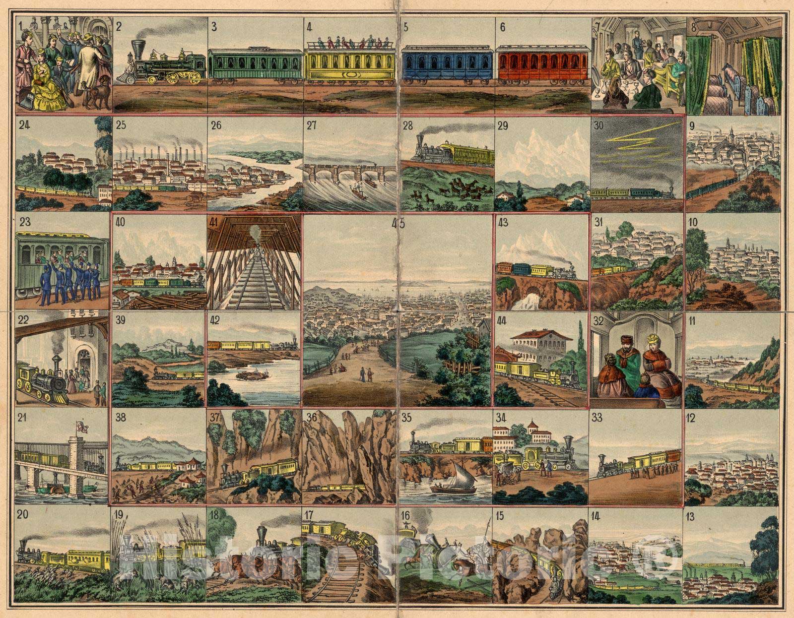 Historic Map : Game - 1870 Voyage from New York to San Francisco upon the Union Pacific Railroad - Vintage Wall Art