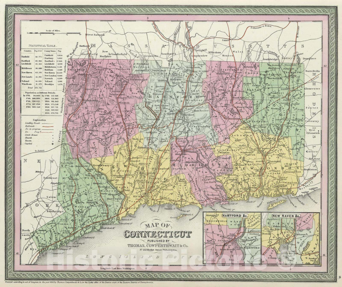 Historic Map : 1855 Map of Connecticut - Vintage Wall Art
