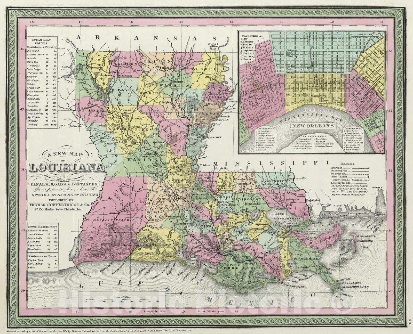 Historic Map : 1855 A new map of Louisiana - Vintage Wall Art