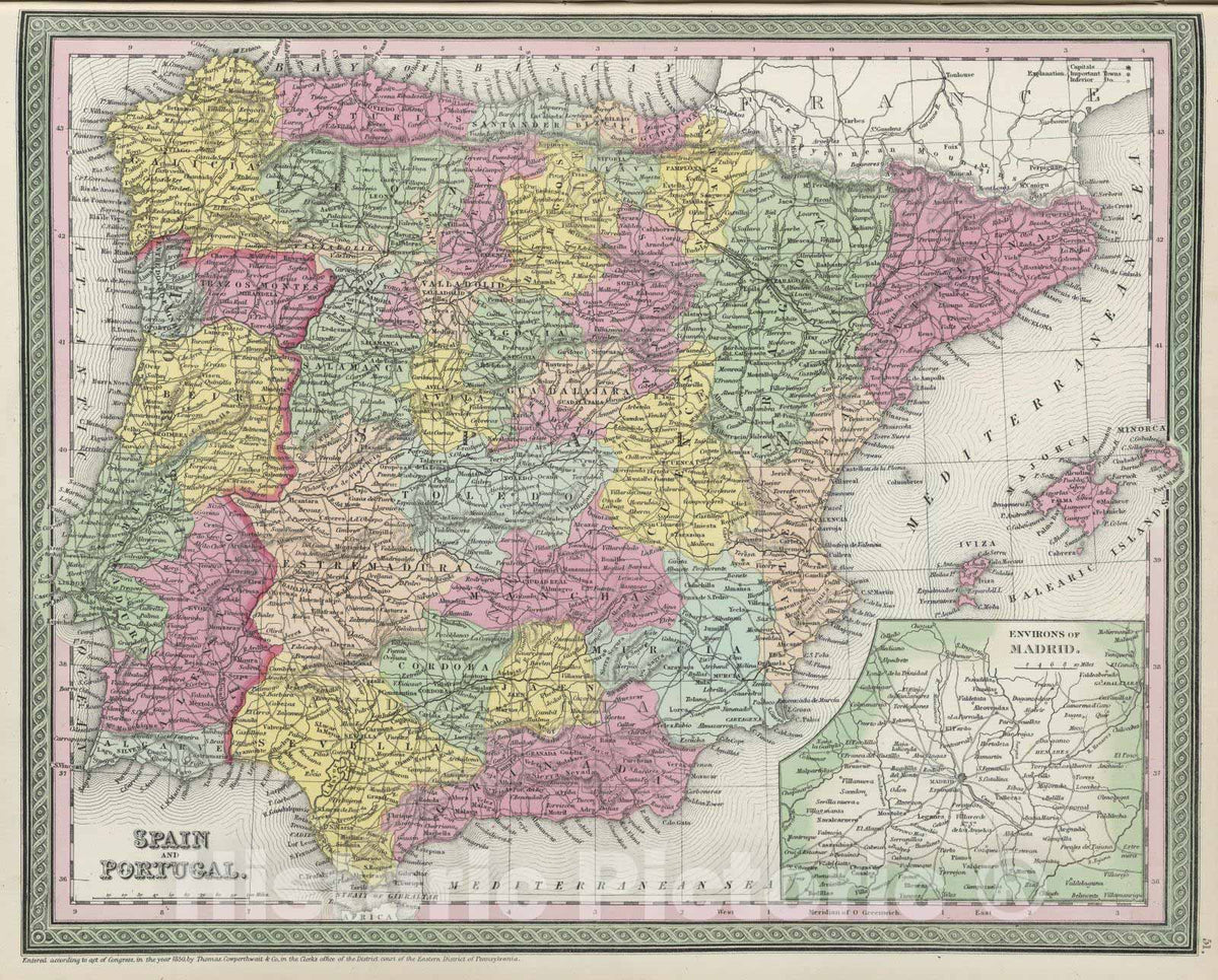 Historic Map : 1855 Spain and Portugal - Vintage Wall Art