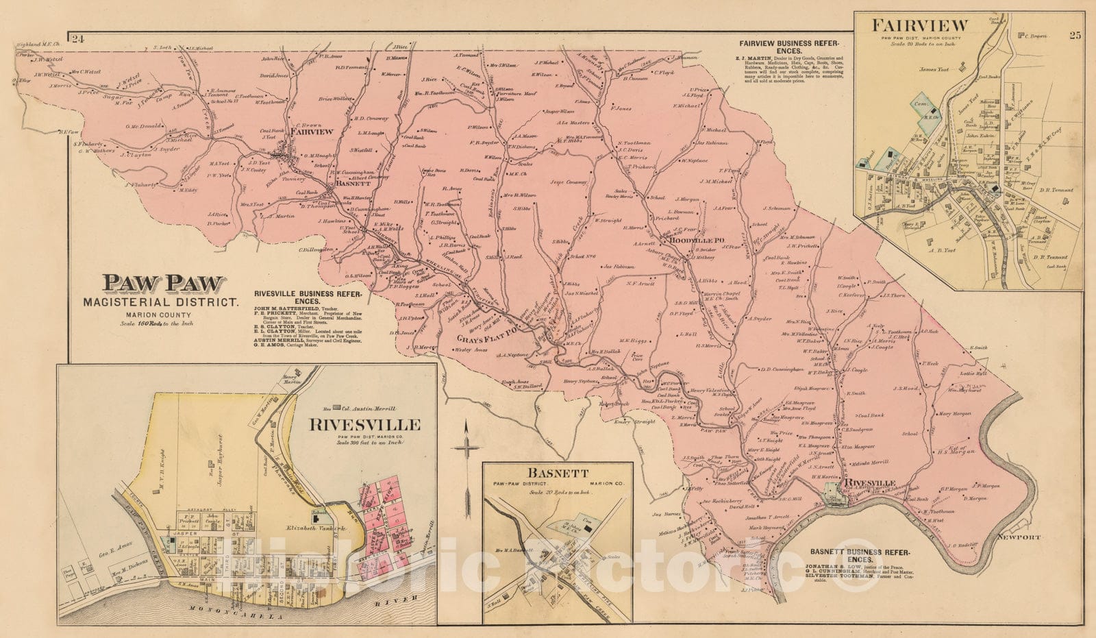 Historic Map - 1886 Paw Paw Ministerial District, Marion County. Fairview. Rivesville. Basnett. - Vintage Wall Art