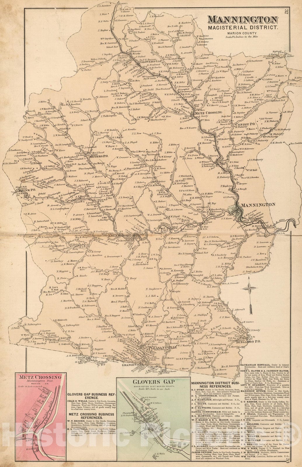 Historic Map : 1886 Mannington Magisterial District, Marion County, West Virginia. Glovers Gap and Metz Crossing. - Vintage Wall Art