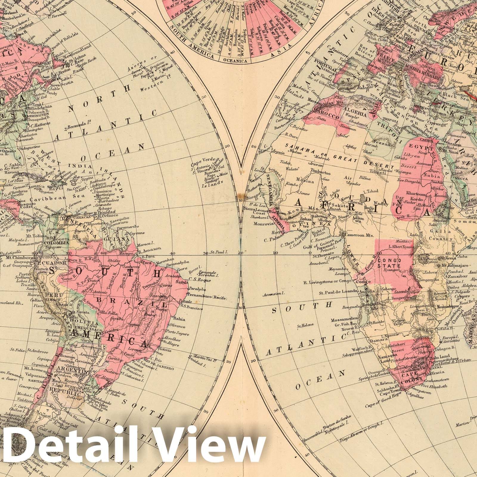 Gray's New Map of the World in Hemispheres with Comparative Mountains and Rivers, 1886