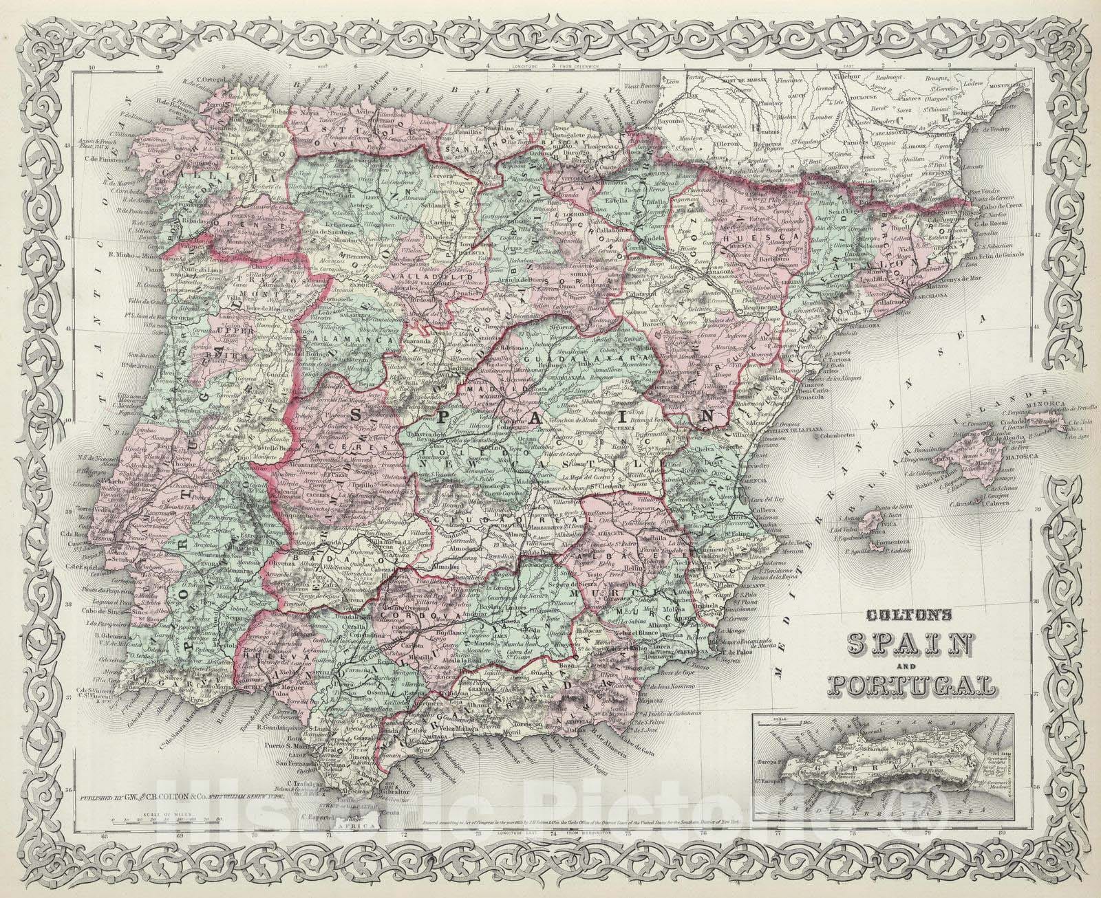 Historic Map : 1874 Spain and Portugal. - Vintage Wall Art