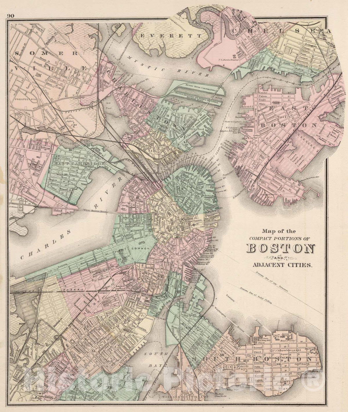 Historic Map : 1874 Boston and Vicinity. - Vintage Wall Art