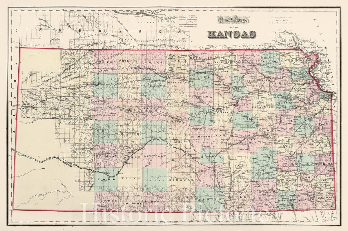 Kansas - Railroad Map, 1874 - Gray's Atlas Historical Map Print