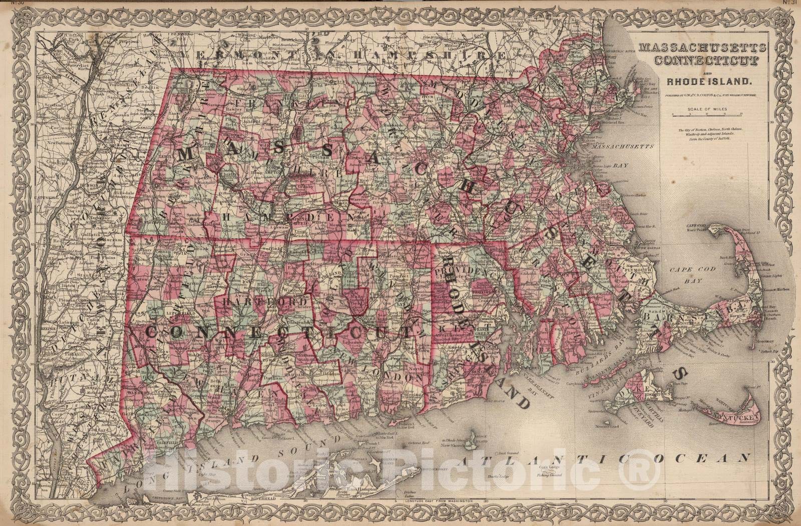 Historic Map : 1866 Massachusetts, Connecticut, and Rhode Island. - Vintage Wall Art
