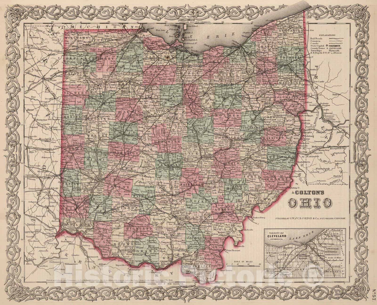 Historic Wall Map : 1866 Ohio. - Vintage Wall Art
