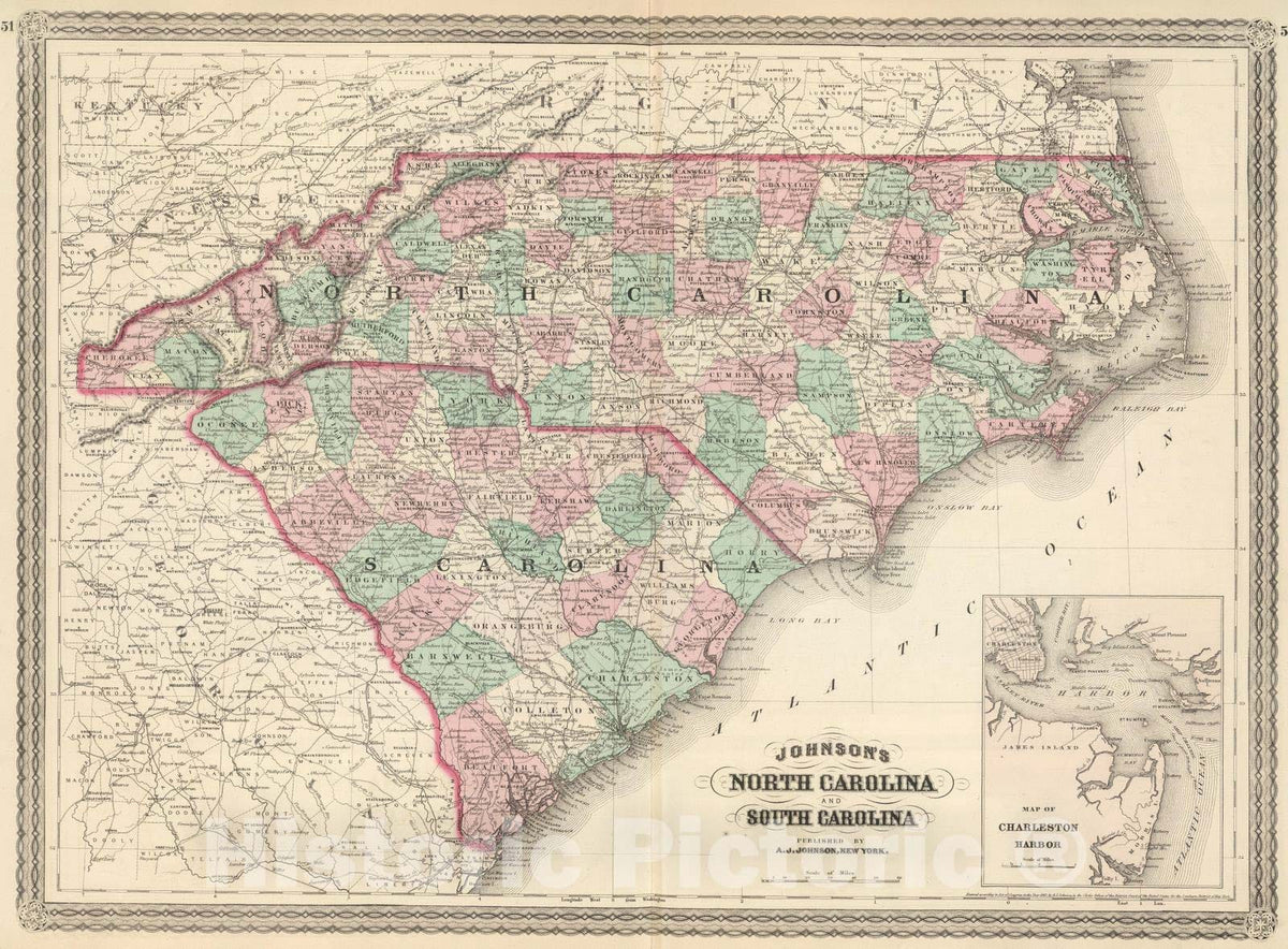 Historic Map : 1886 North Carolina and South Carolina. v2 - Vintage Wall Art