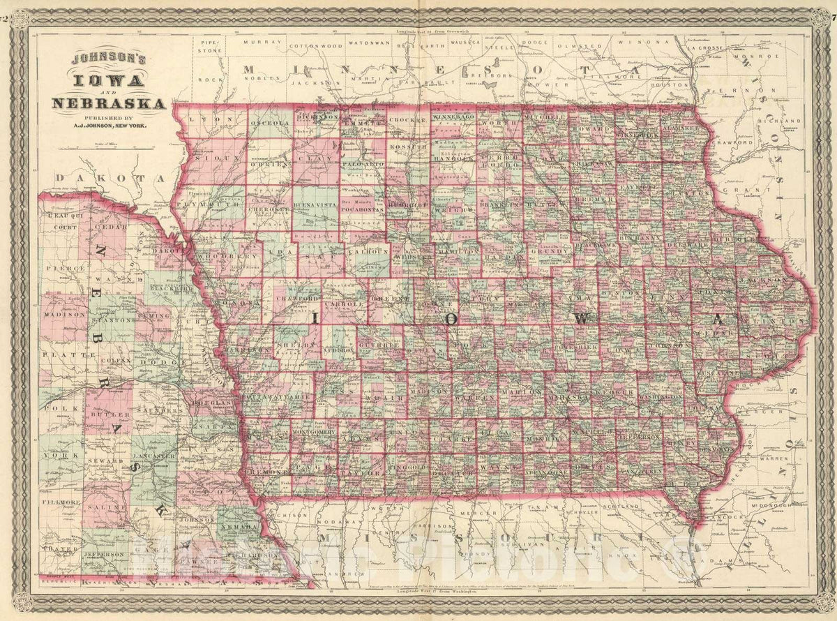 Historic Map : 1886 Iowa and Nebraska. - Vintage Wall Art