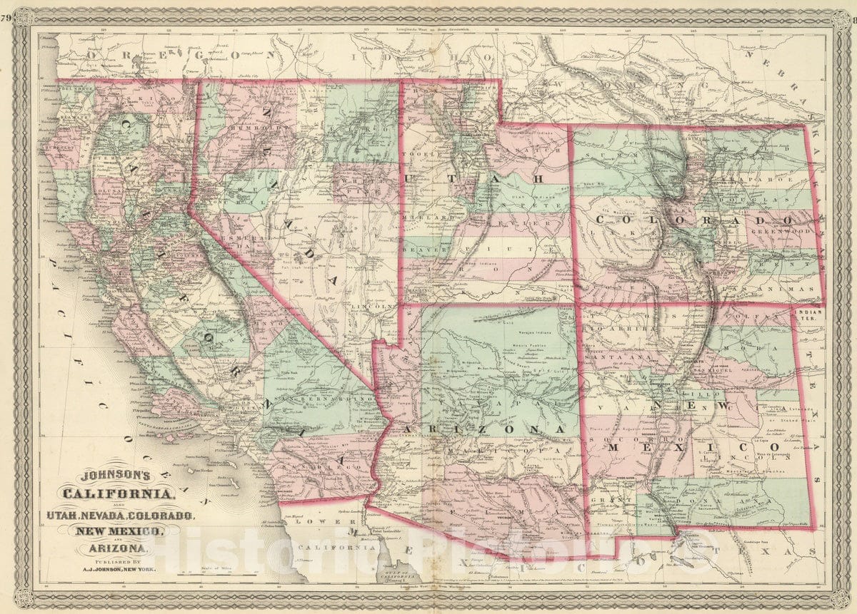 Historic Map : 1886 California, Utah, Nevada, Colorado, New Mexico, and Arizona. - Vintage Wall Art