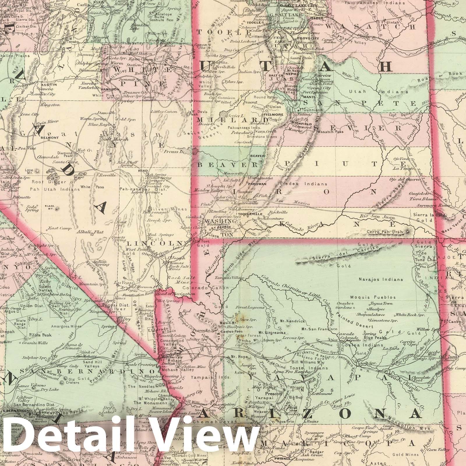California, Utah, Nevada, Colorado, New Mexico, and Arizona - Railroad Map, 1886