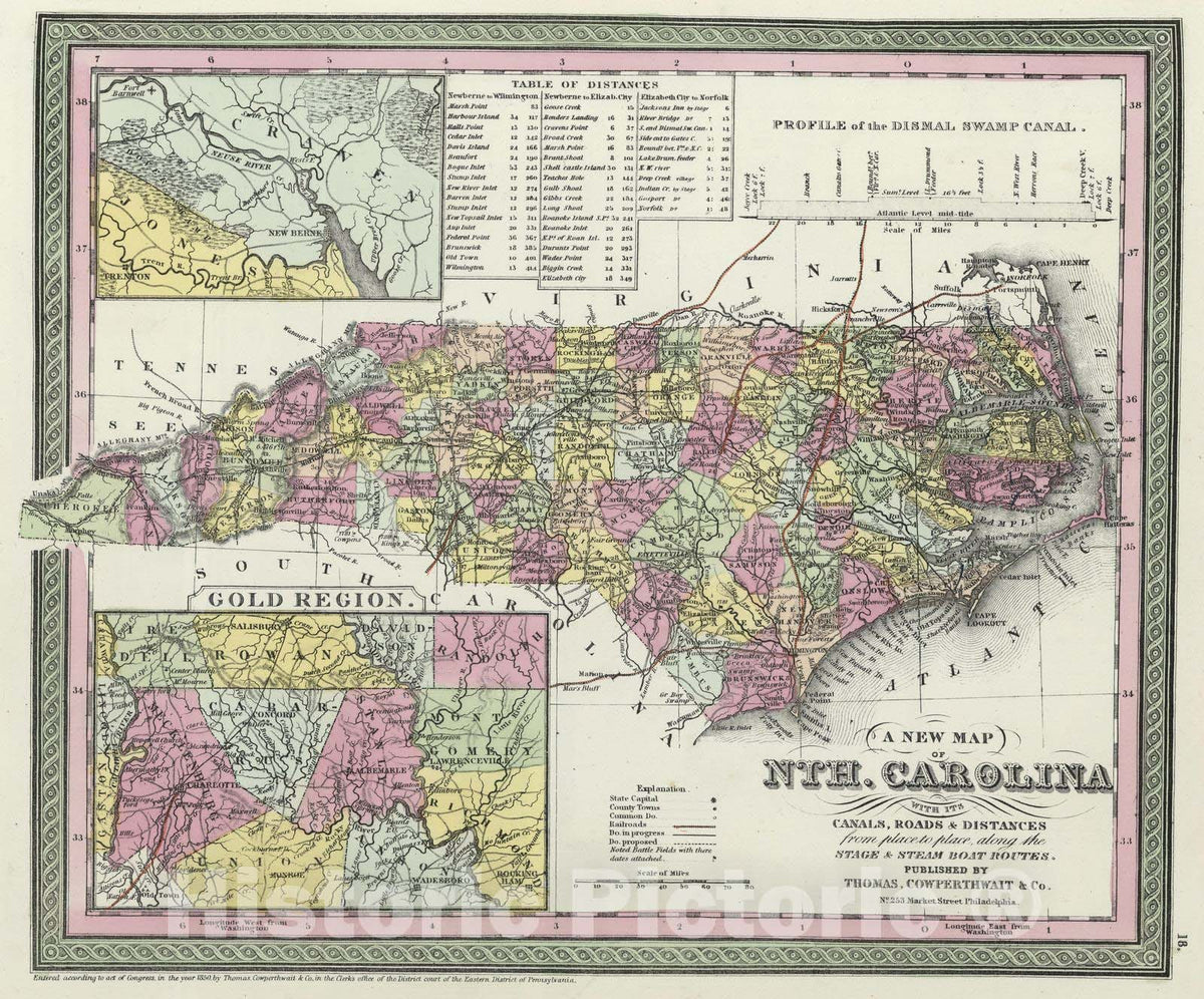 Historic Map : 1855 A new map of North Carolina - Vintage Wall Art