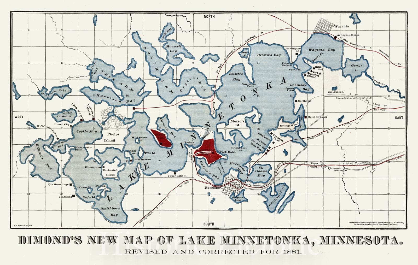 Lake Minnetonka, Minnesota - Railroad Map, 1881 - Historical Map Print