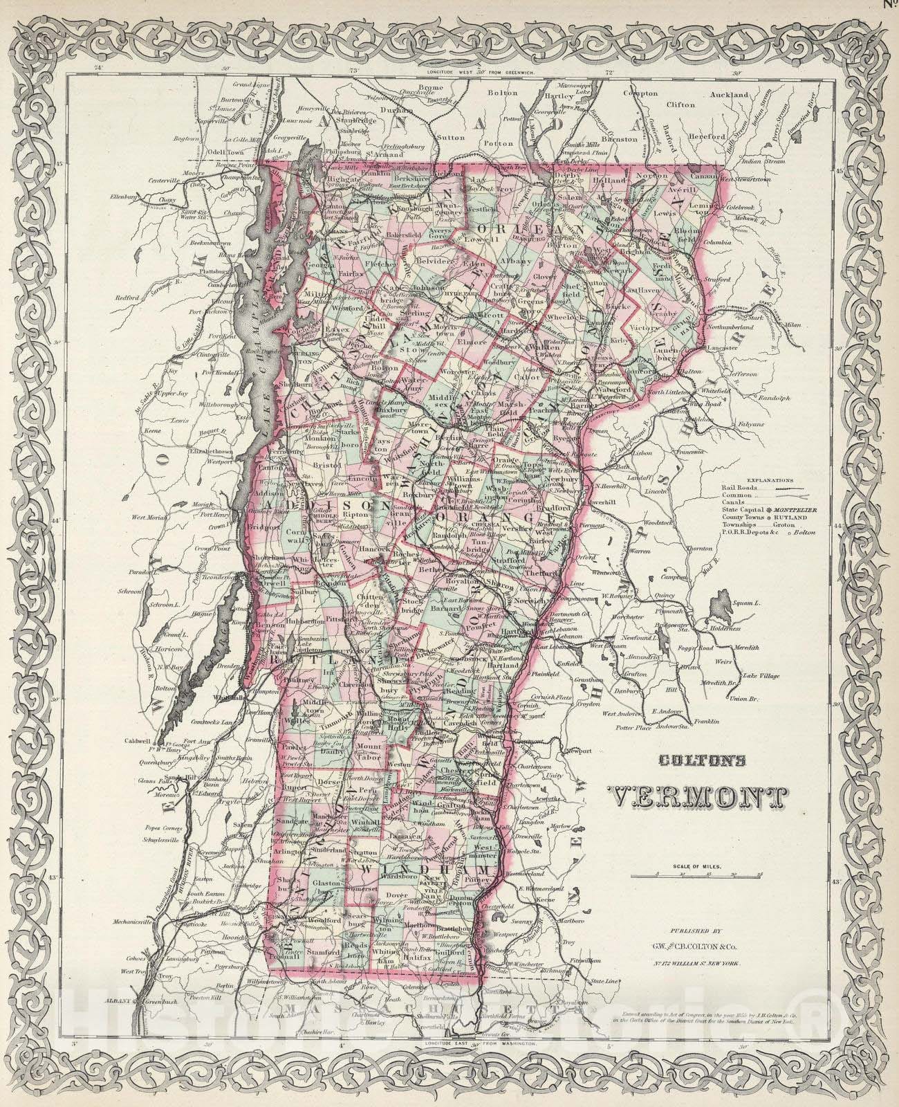 Historic Wall Map : 1874 Vermont. v2 - Vintage Wall Art