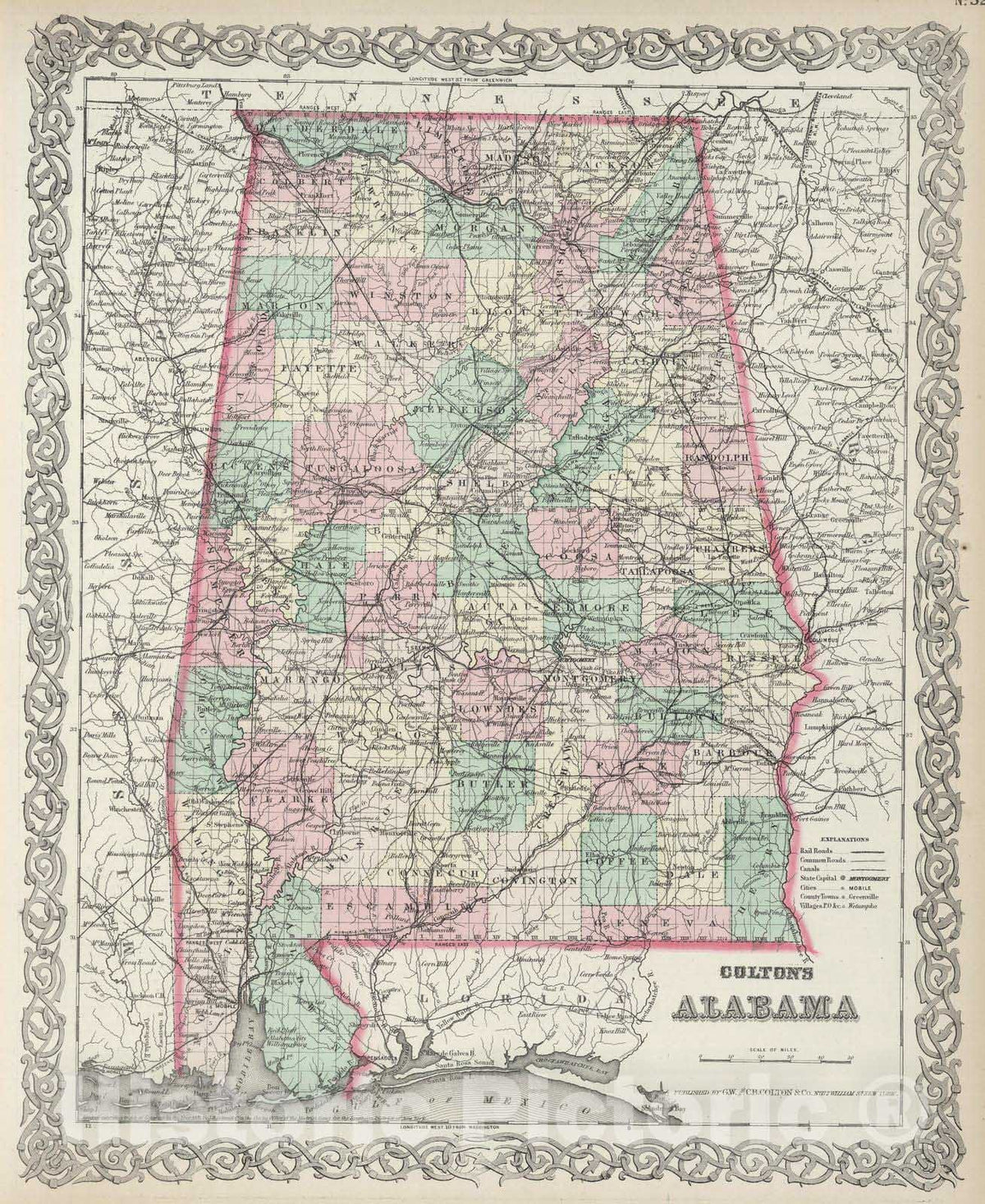 Historic Map : 1874 Alabama. v2 - Vintage Wall Art
