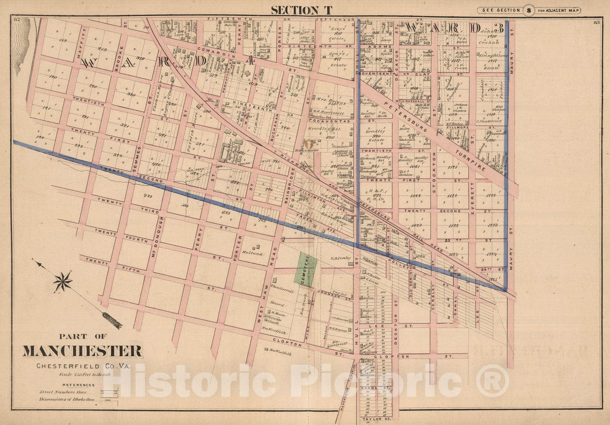 Historic Map : City Atlas - 1876 Section T. Part of Manchester, Chesterfield Co. Va. - Vintage Wall Art