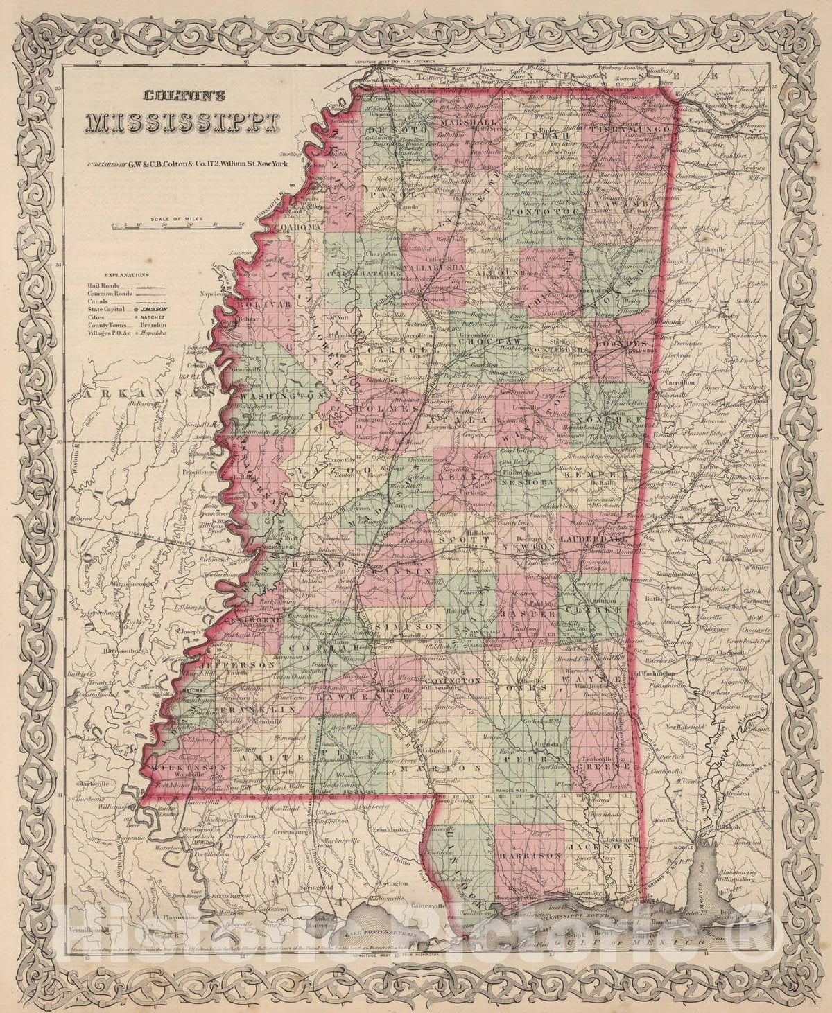 Historic Wall Map : 1866 Mississippi. - Vintage Wall Art