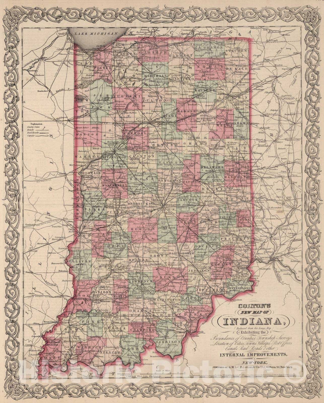 Indiana - Road Map, 1866 - Historical Map Print