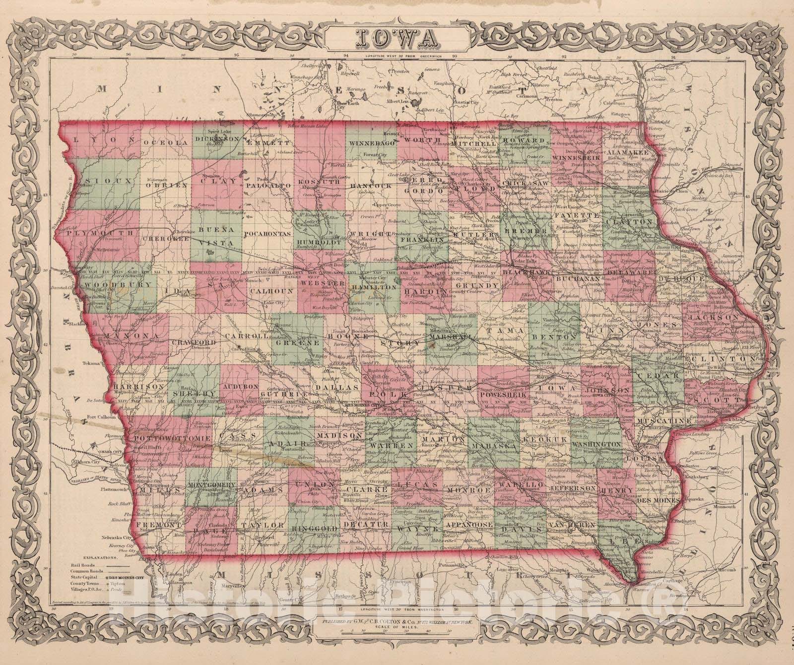 Historic Map : 1866 Iowa. - Vintage Wall Art