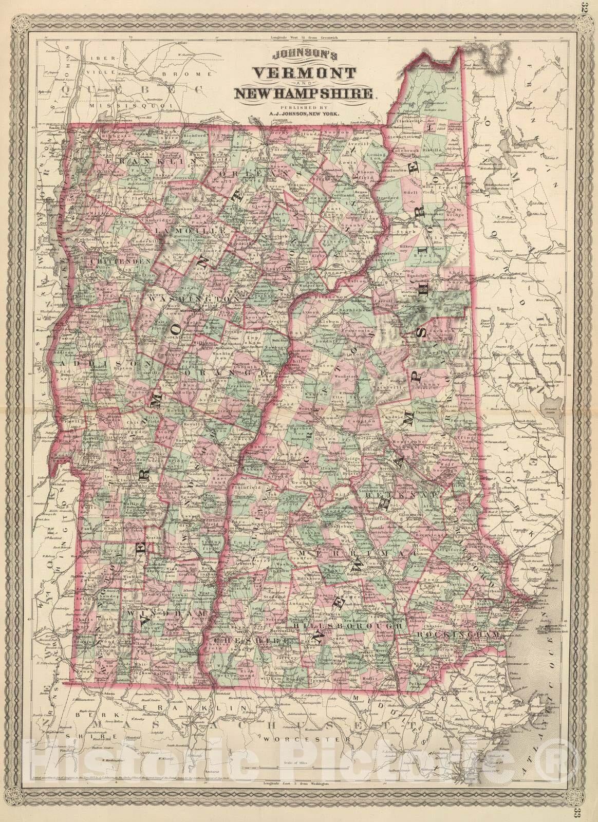 Historic Map : 1886 Vermont And New Hampshire. - Vintage Wall Art