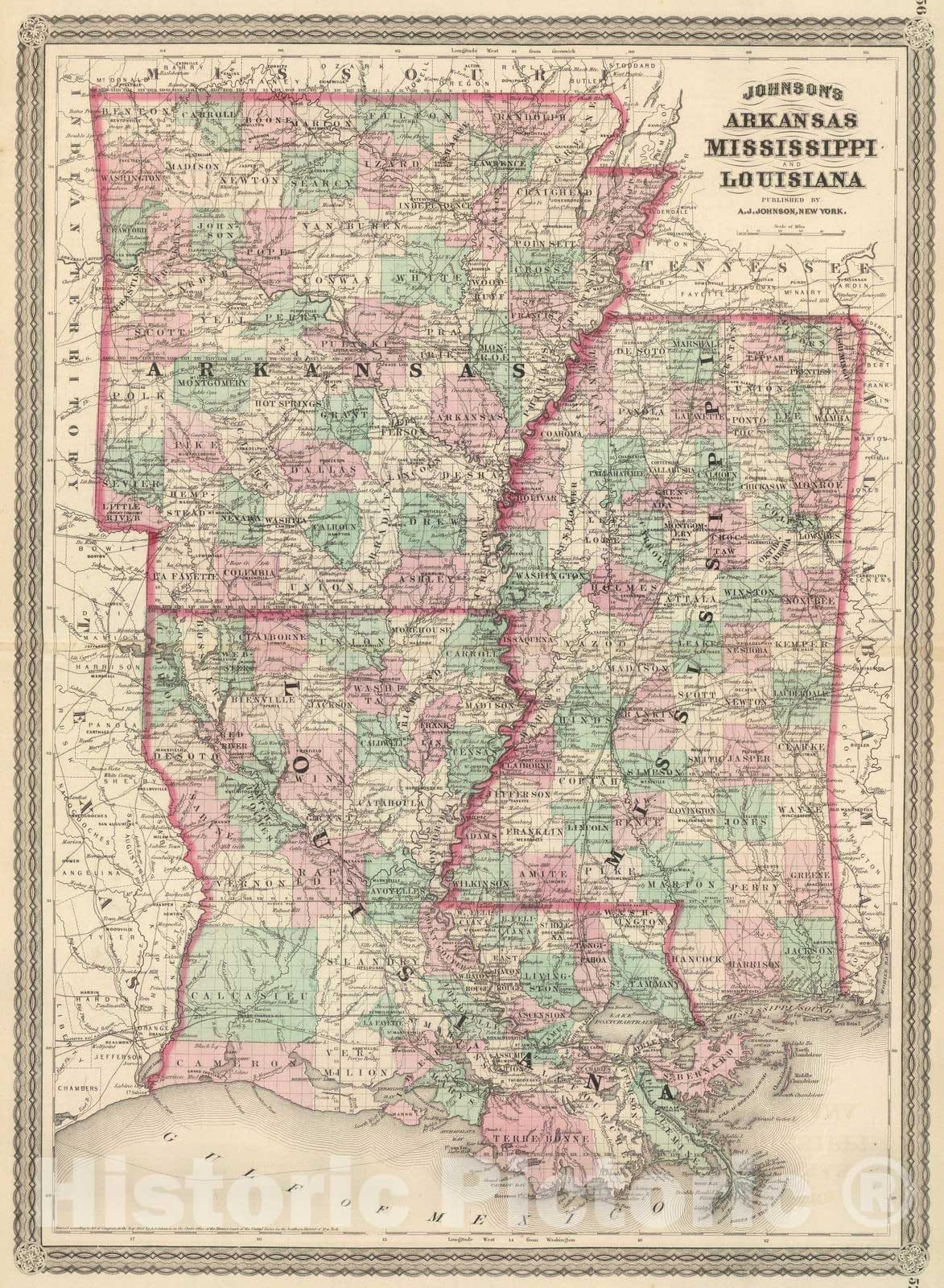 Historic Map : 1886 Arkansas, Mississippi, and Louisiana. - Vintage Wall Art