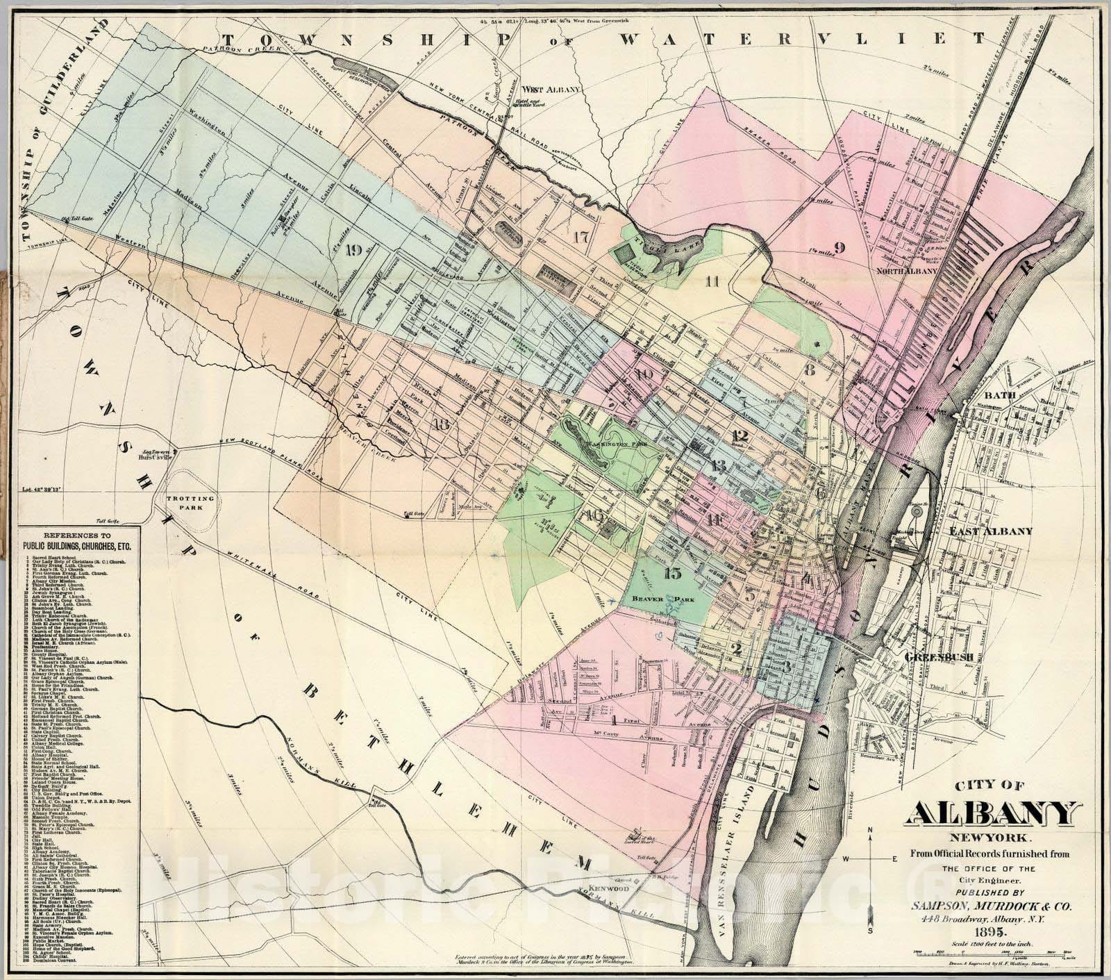 Historic Wall Map : 1895 Albany New York - Vintage Wall Art