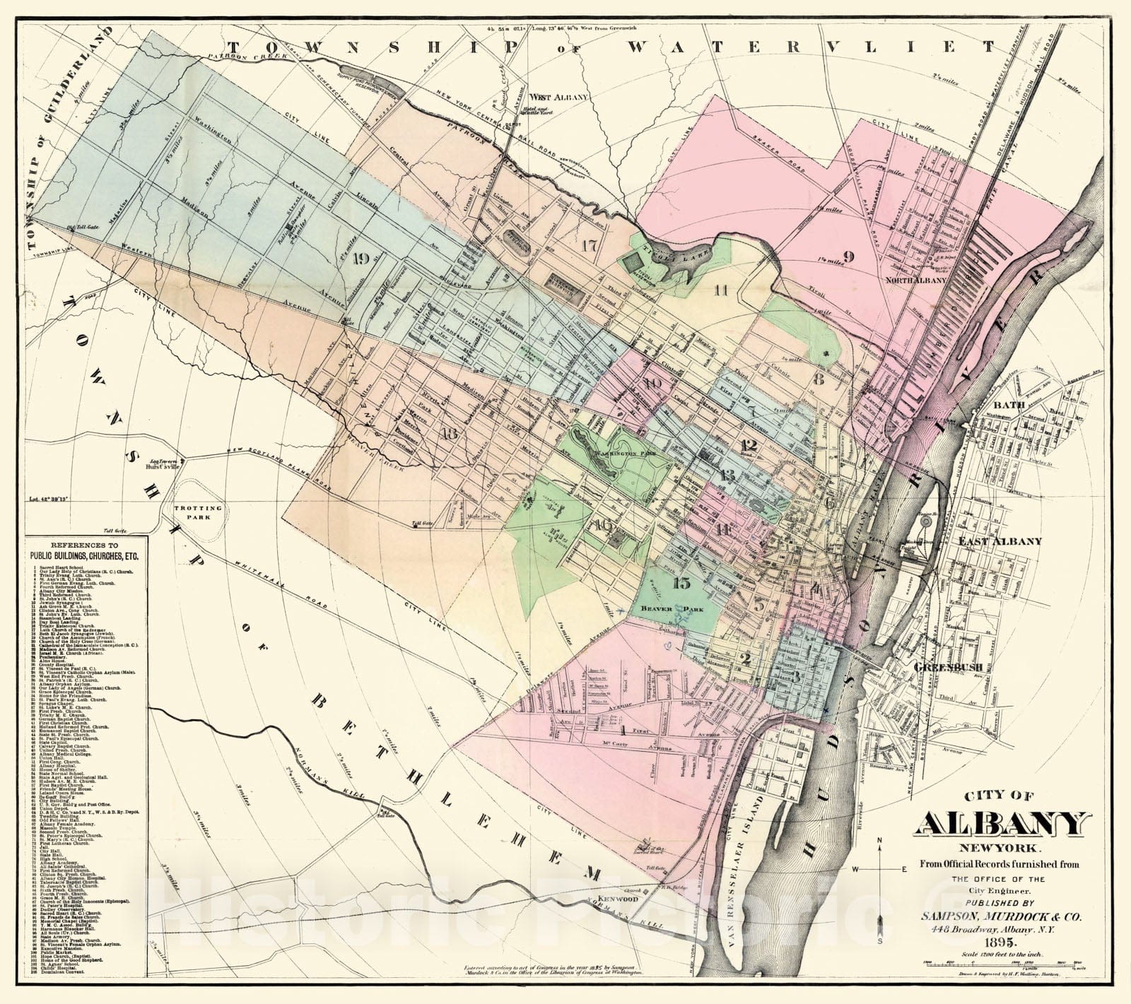 Historic Wall Map : 1895 Albany New York - Vintage Wall Art