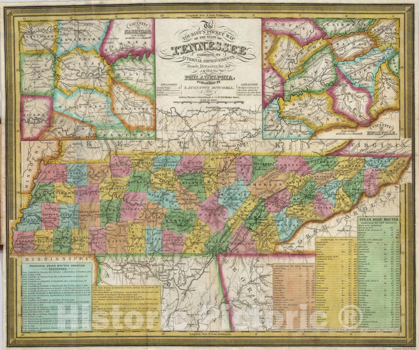 Tennessee - Road Map, 1839 - Historical Map Print