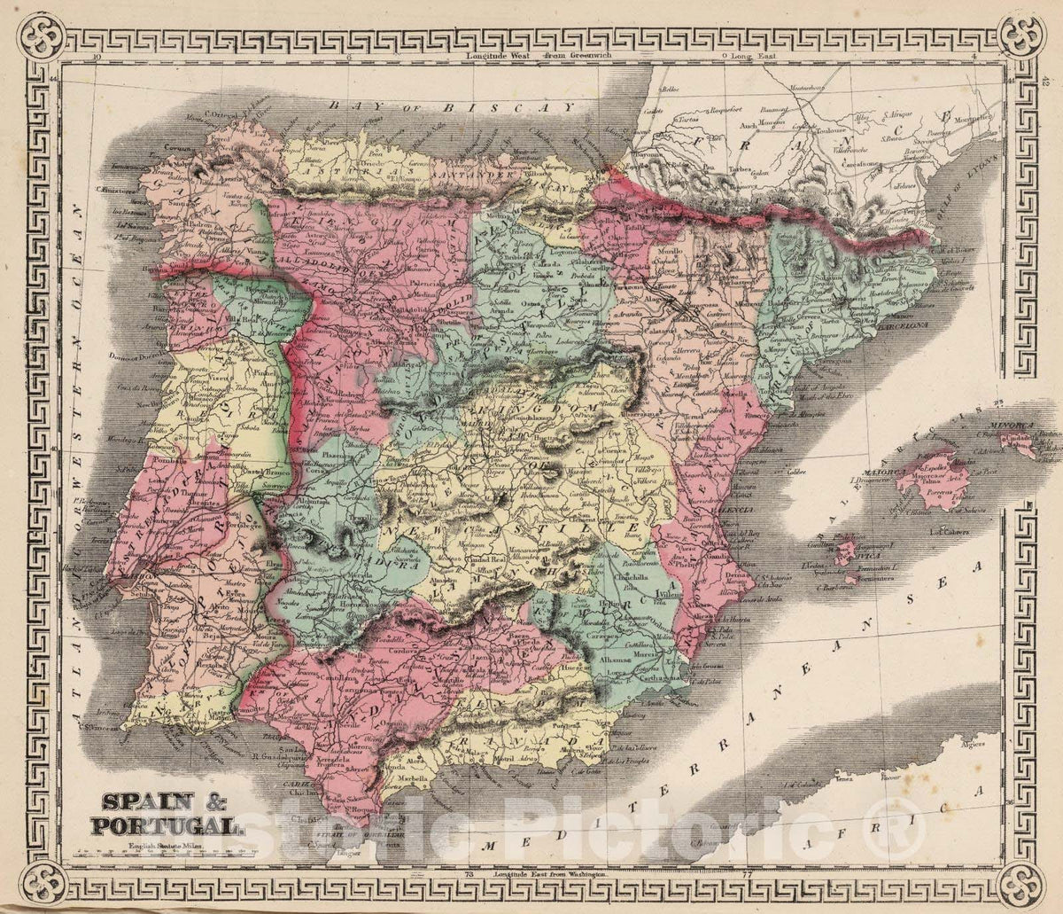 Spain and Portugal 1865 Historical Map Print